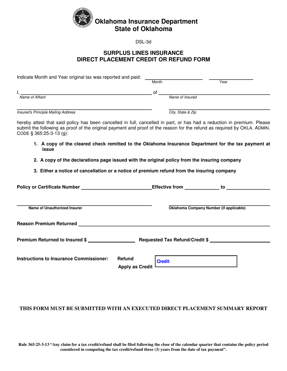 Form DSL-3D Surplus Lines Insurance Direct Placement Credit or Refund Form - Oklahoma, Page 1