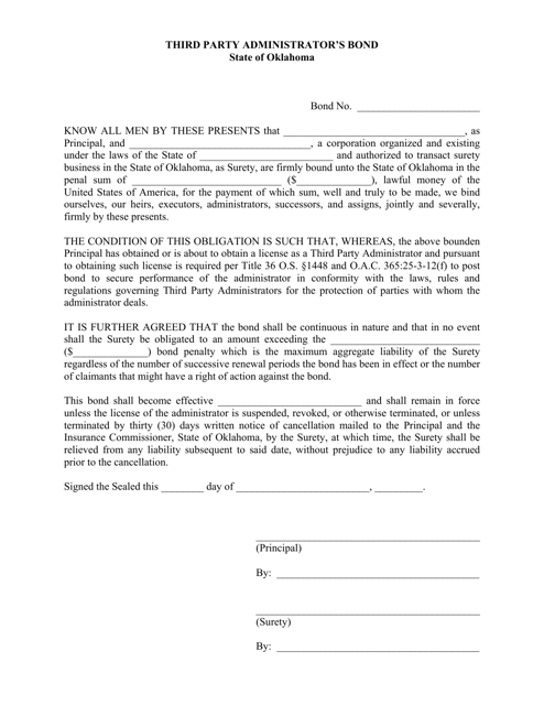 Oklahoma Third Party Administrator's Bond - Fill Out, Sign Online and ...