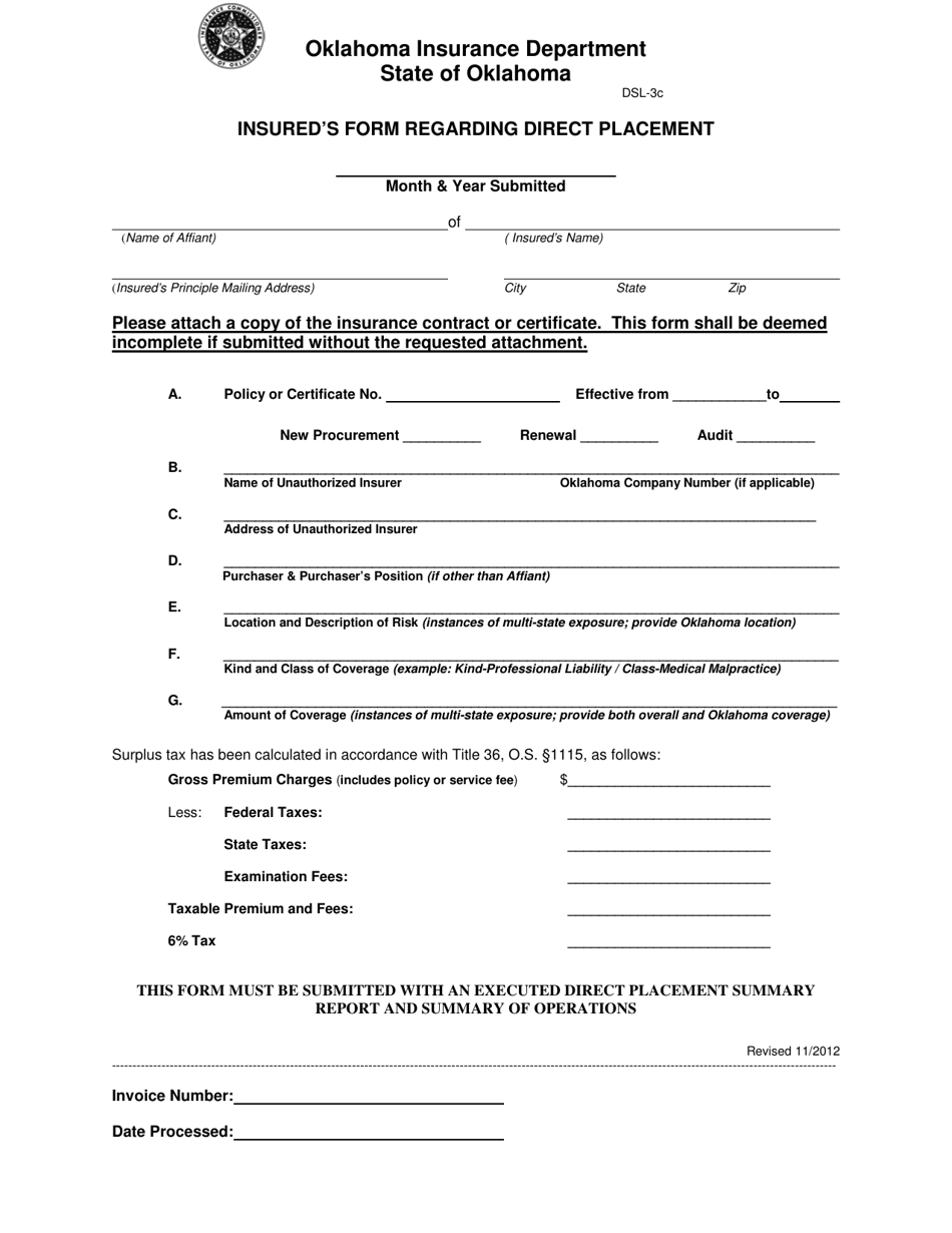 Form DSL-3C Insureds Form Regarding Direct Placement - Oklahoma, Page 1