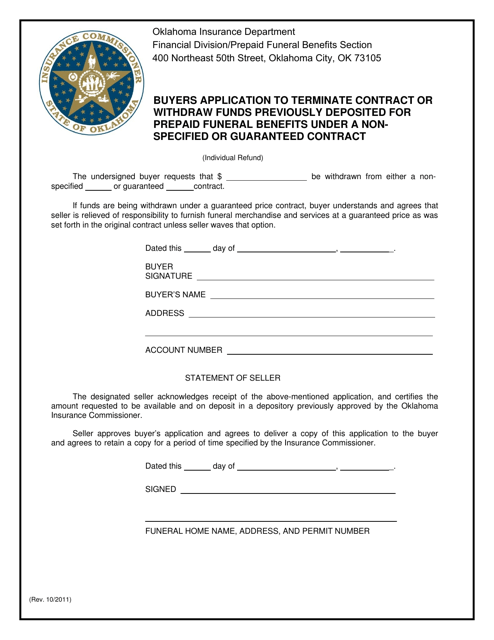 Buyers Application to Terminate Contract or Withdraw Funds Previously Deposited for Prepaid Funeral Benefits Under a Nonspecified or Guaranteed Contract - Oklahoma Download Pdf