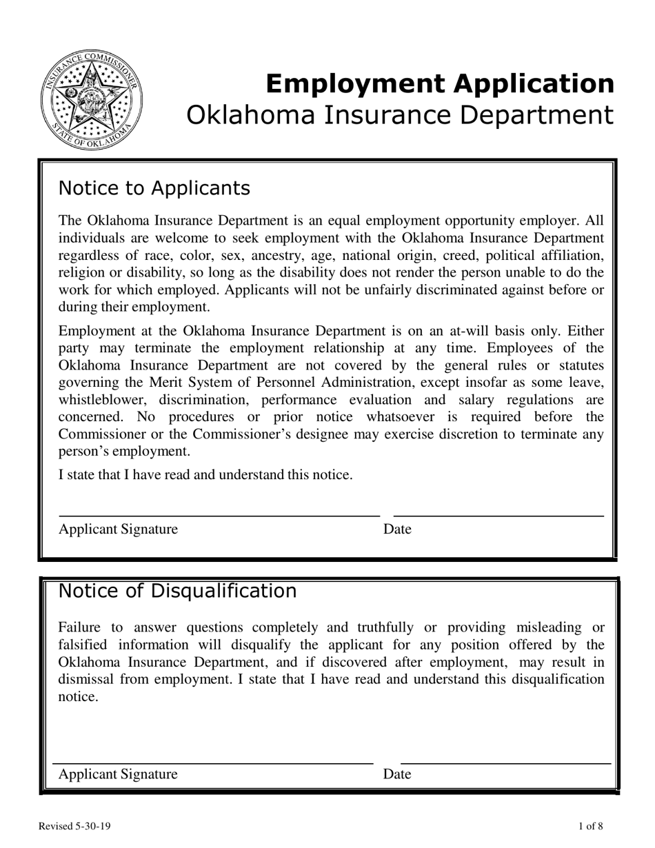 Employment Application - Oklahoma, Page 1