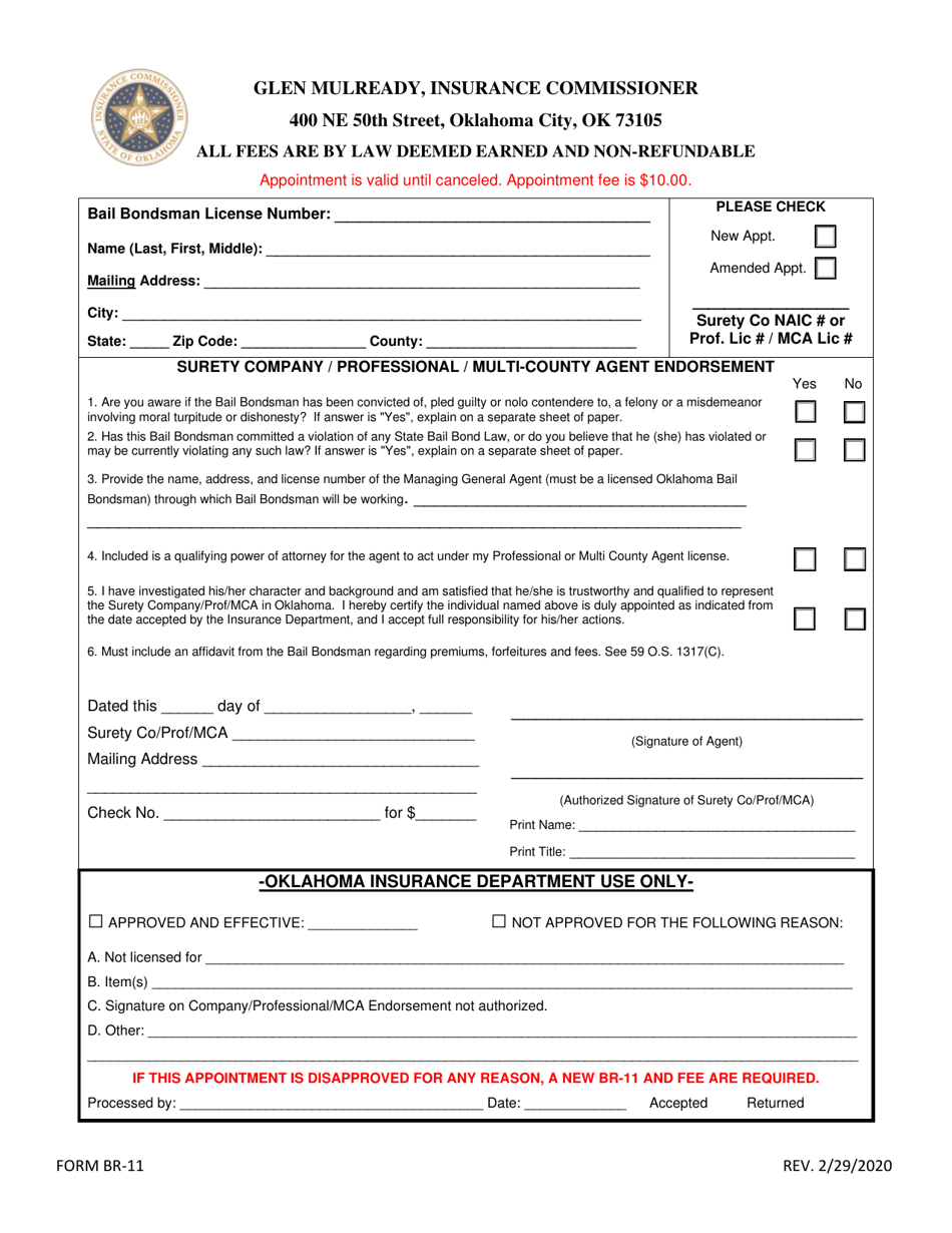 Form BR-11 Surety Company / Professional / Multi-County Agent Endorsement - Oklahoma, Page 1