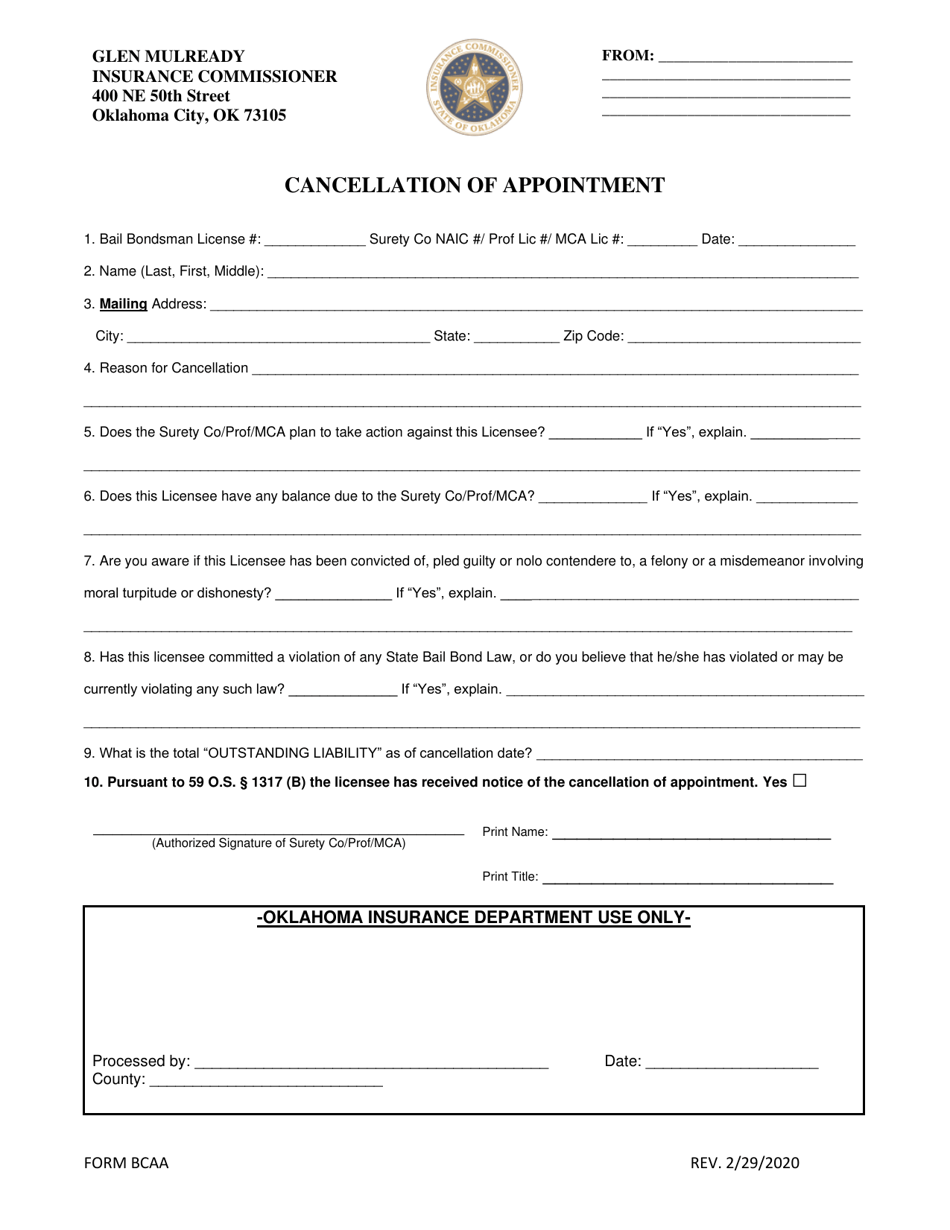 Form BCAA Cancellation of Appointment - Oklahoma, Page 1