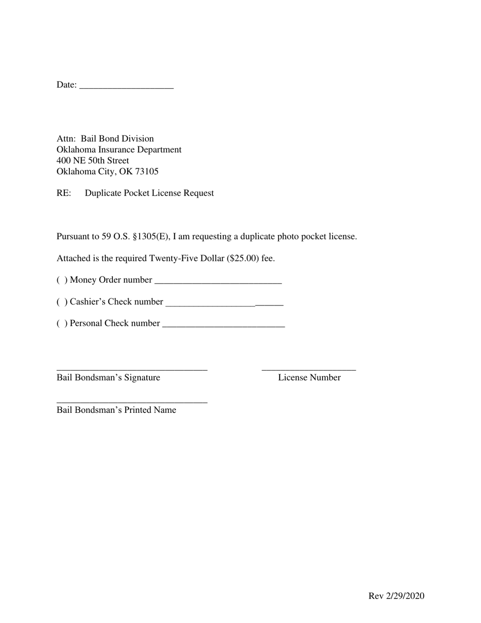 Oklahoma Duplicate Pocket License Request Fill Out, Sign Online and Download PDF Templateroller