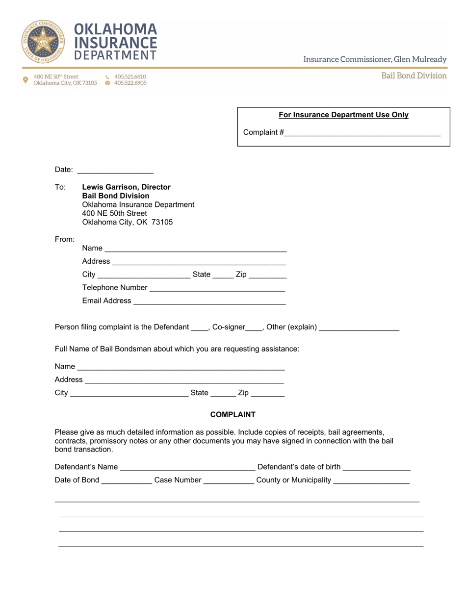Bail Complaint Form - Oklahoma, Page 1