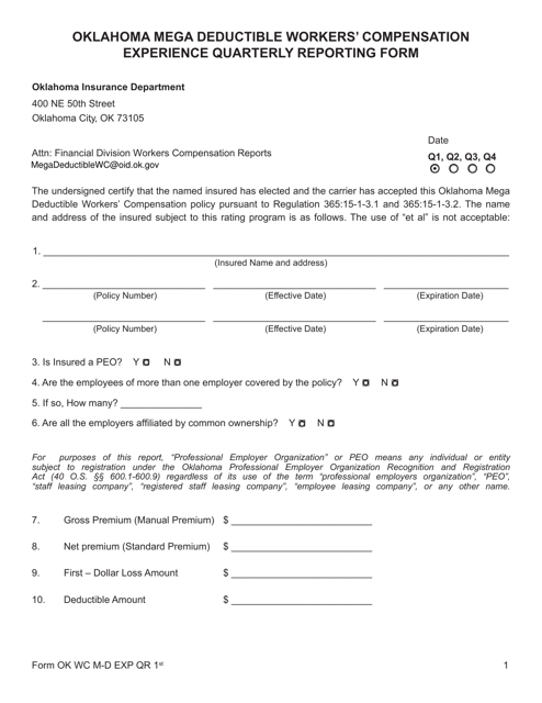 Oklahoma Mega Deductible Workers' Compensation Experience Quarterly Reporting Form - Oklahoma Download Pdf