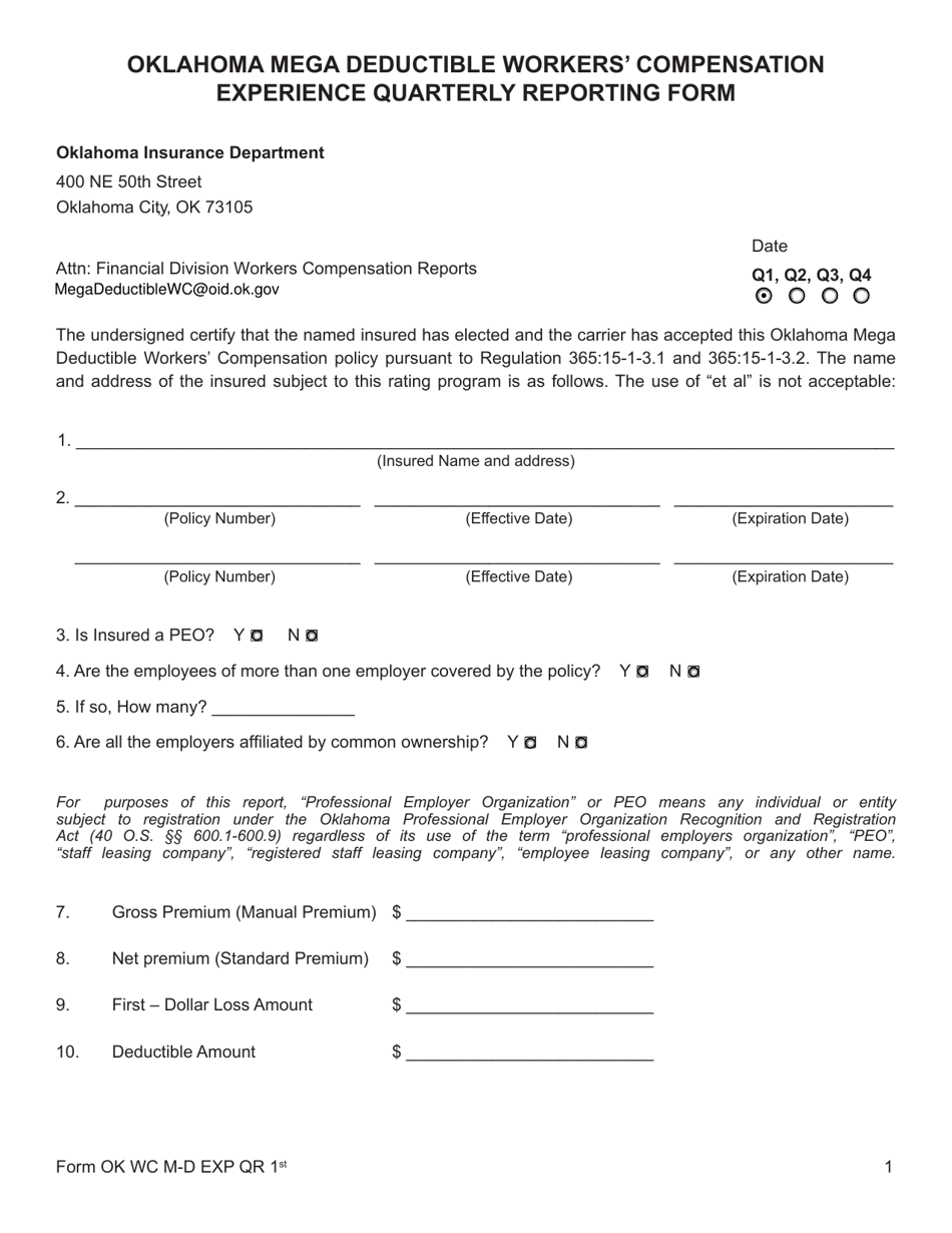 Oklahoma Mega Deductible Workers Compensation Experience Quarterly Reporting Form - Oklahoma, Page 1