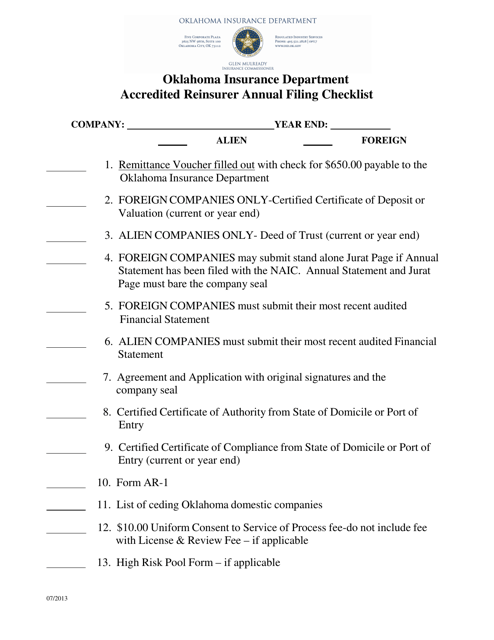 Accredited Reinsurer Annual Filing Checklist - Oklahoma Download Pdf