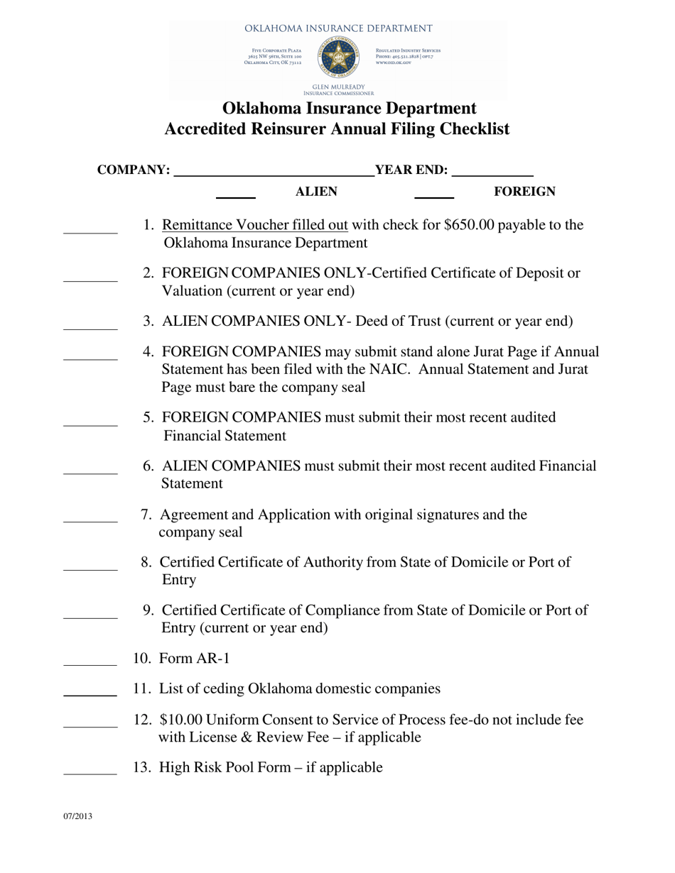Accredited Reinsurer Annual Filing Checklist - Oklahoma, Page 1