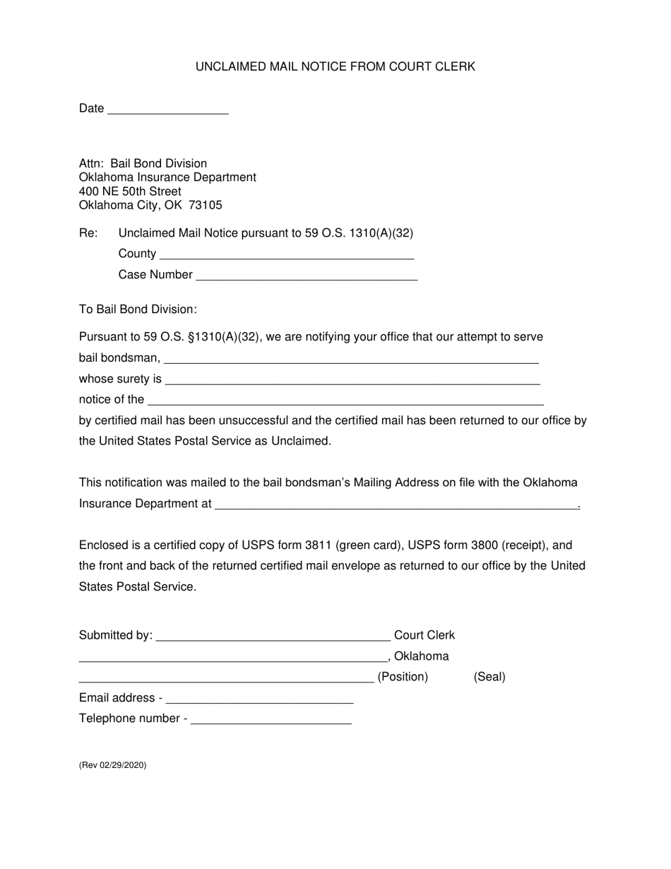 Oklahoma Unclaimed Mail Notice From Court Clerk - Fill Out, Sign Online ...