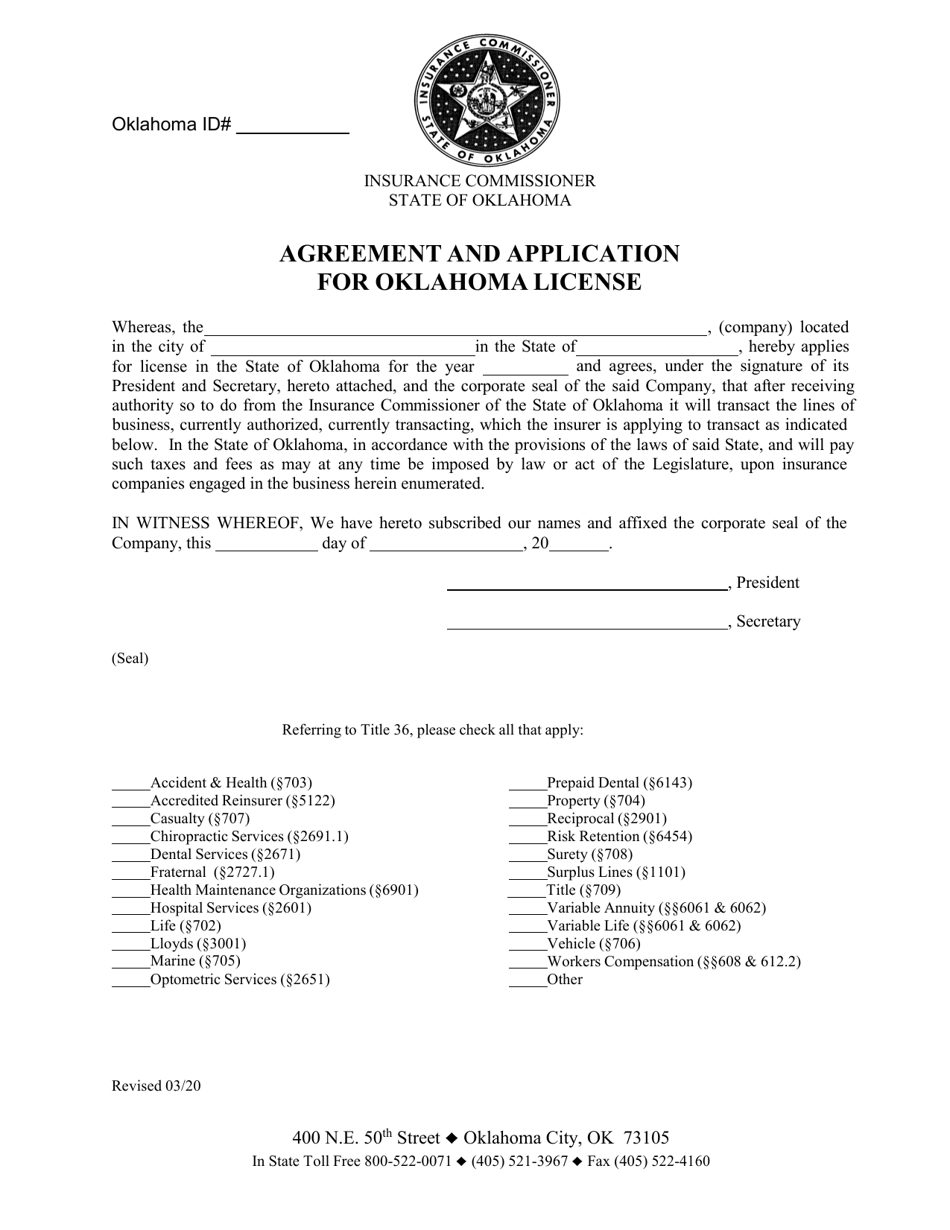 Agreement and Application for Oklahoma License - Oklahoma, Page 1