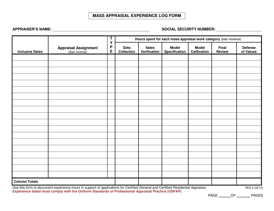 Form REA-4 Mass Appraisal Experience Log Form - Oklahoma, Page 1