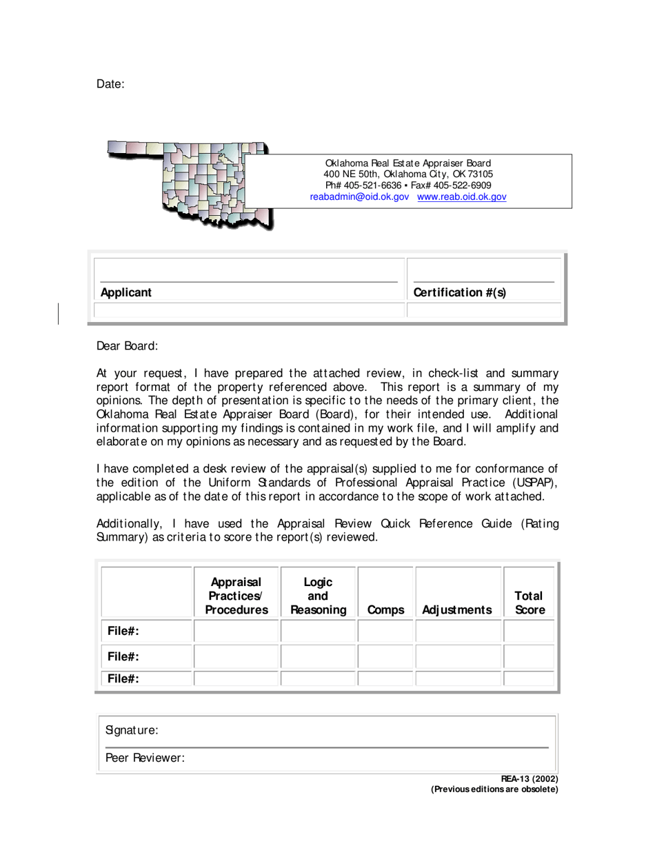 Form REA-13 Summary and Transmittal Form - Oklahoma, Page 1