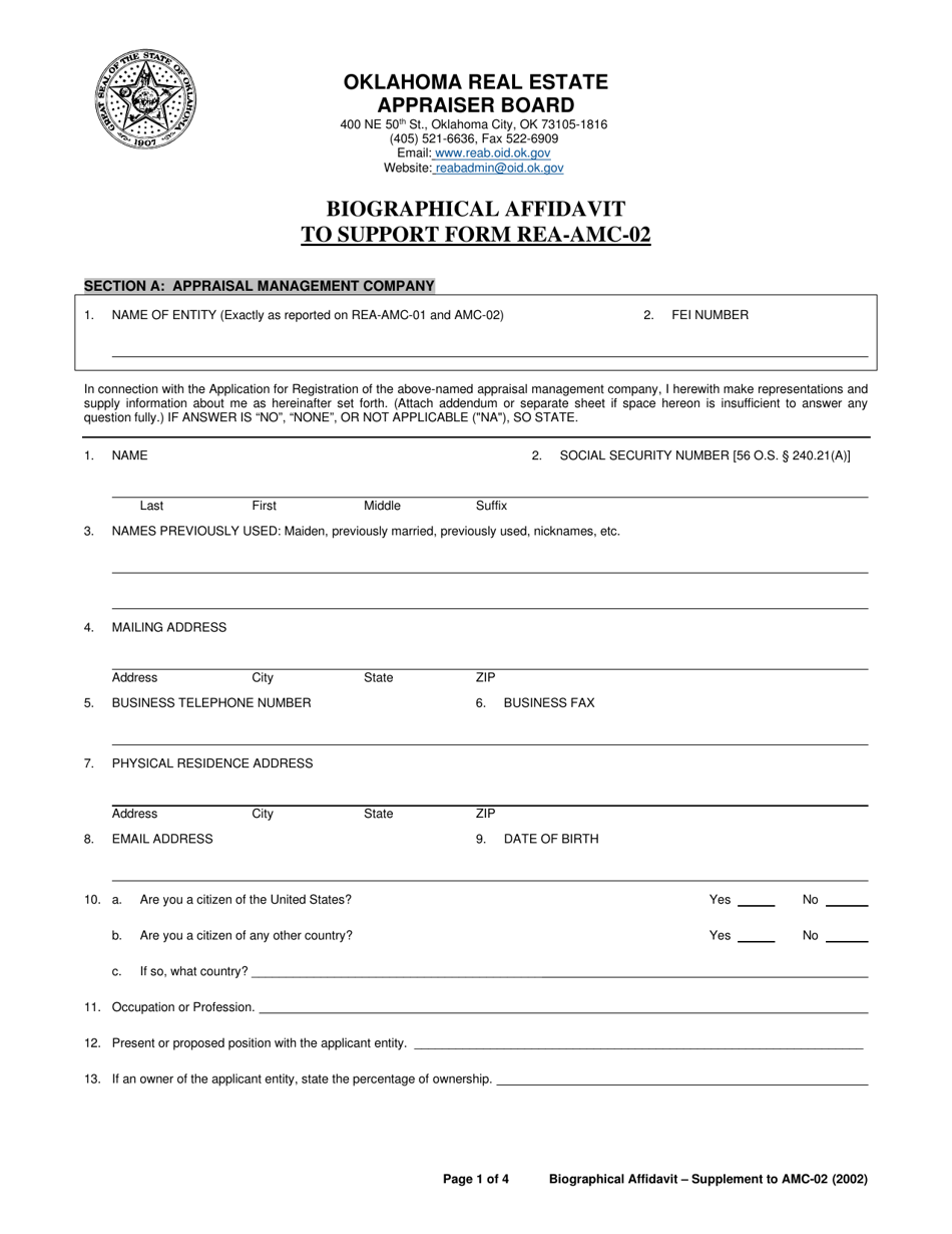 Form REA-AMC-03 Biographical Affidavit to Support Form Rea-AMC-02 - Oklahoma, Page 1