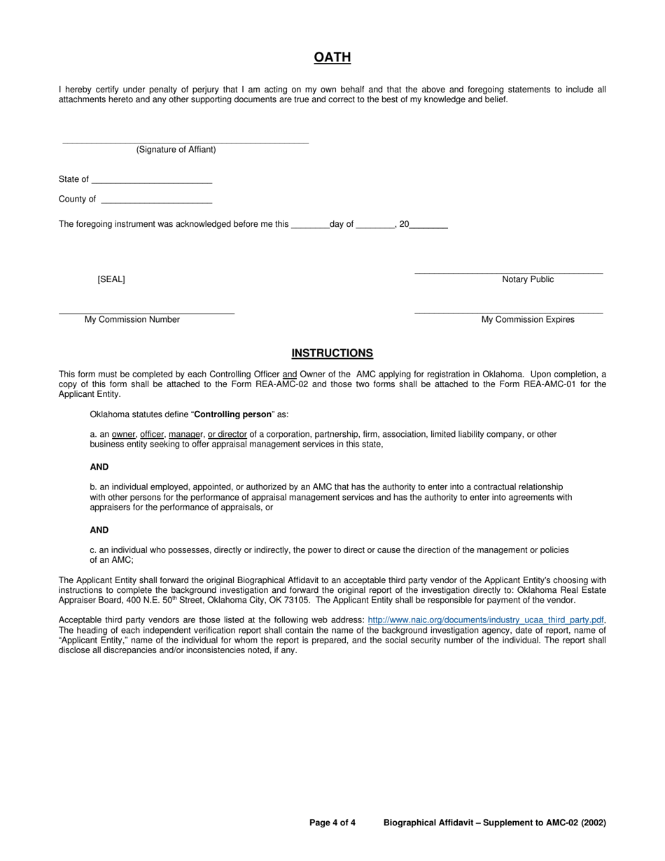 Form REA-AMC-03 Biographical Affidavit to Support Form Rea-AMC-02 - Oklahoma, Page 4