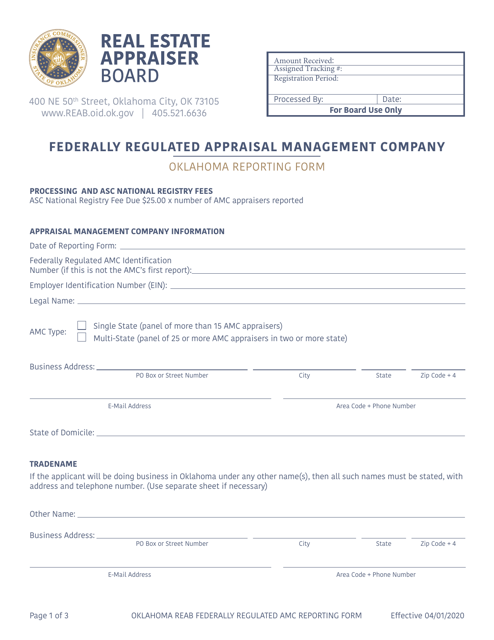 Oklahoma Reporting Form - Federally Regulated Appraisal Management Company - Oklahoma Download Pdf