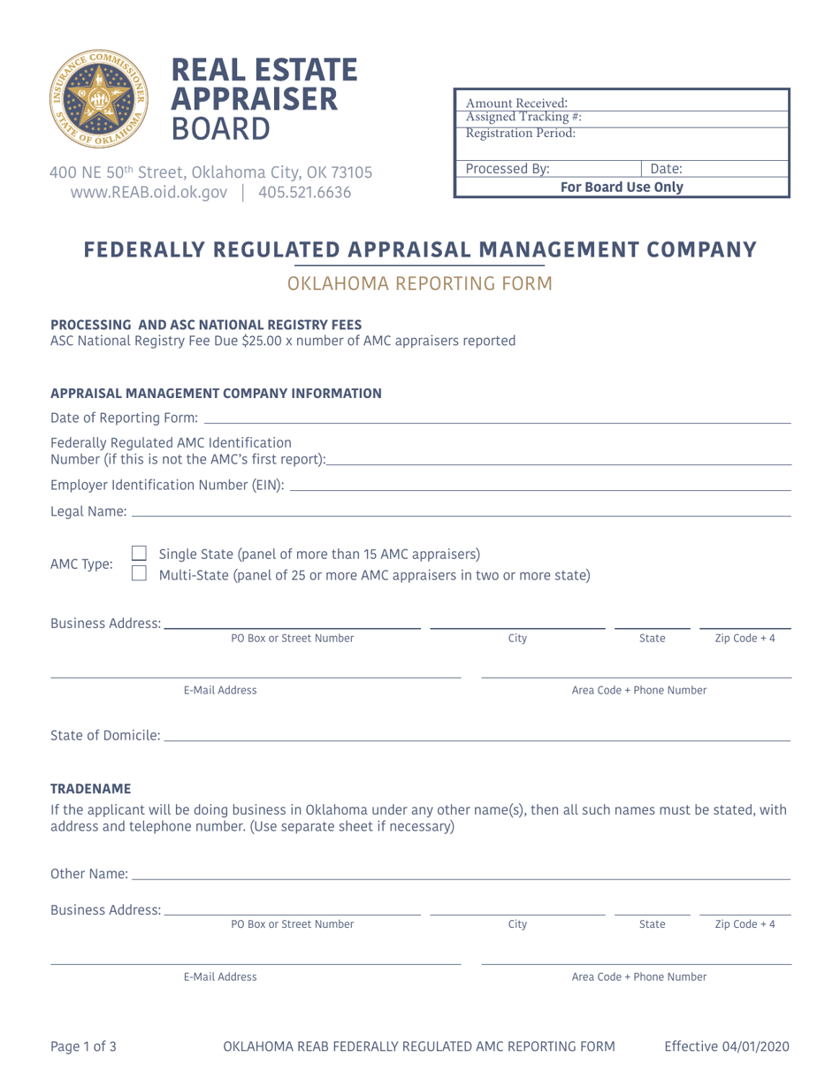 Oklahoma Reporting Form - Federally Regulated Appraisal Management Company - Oklahoma, Page 1