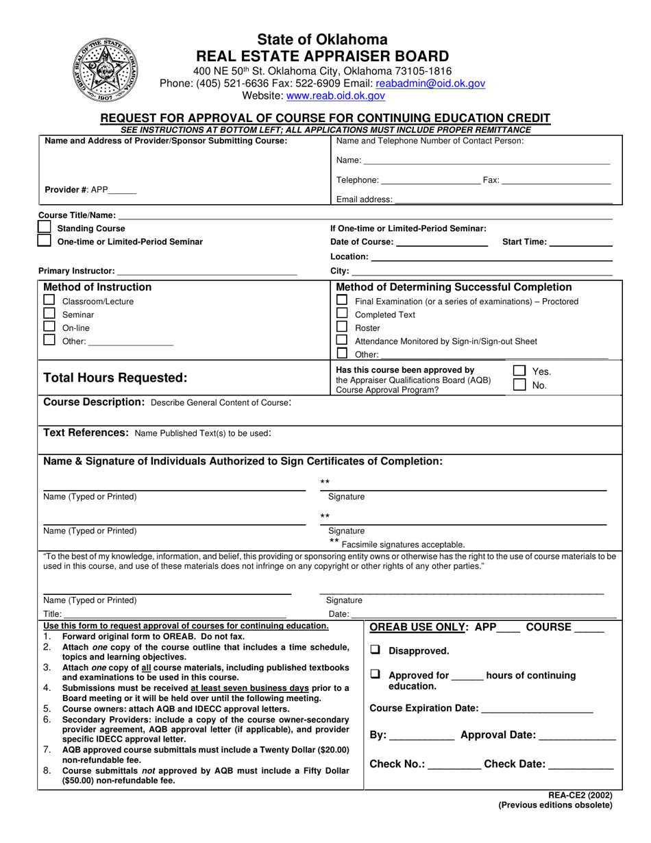 Form REA-CE2 Request for Approval of Course for Continuing Education Credit - Oklahoma, Page 1