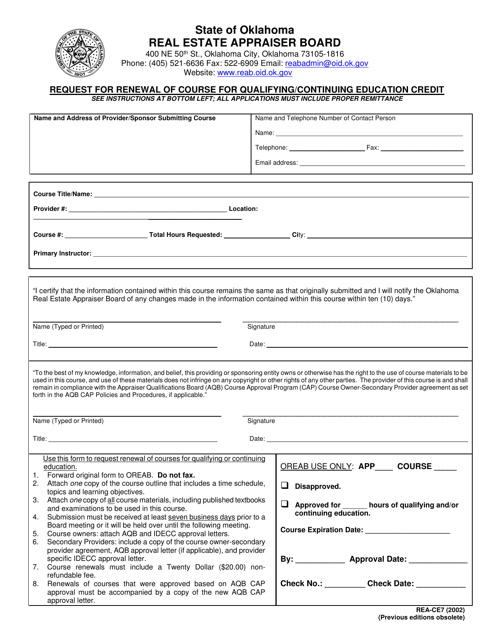 Form REA-CE7 Request for Renewal of Course for Qualifying/Continuing Education Credit - Oklahoma