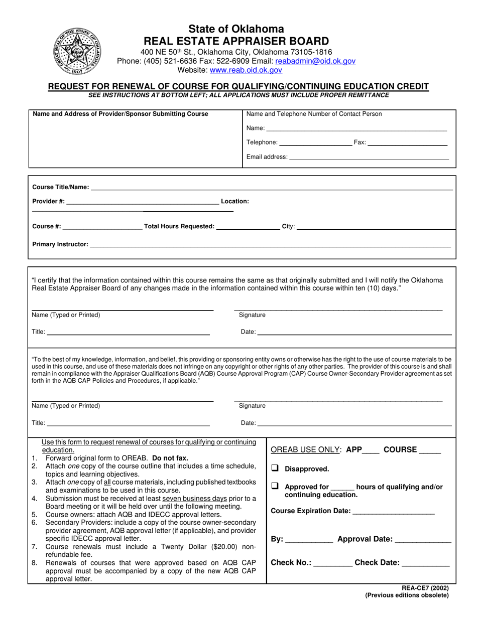 Form REA-CE7 Request for Renewal of Course for Qualifying / Continuing Education Credit - Oklahoma, Page 1
