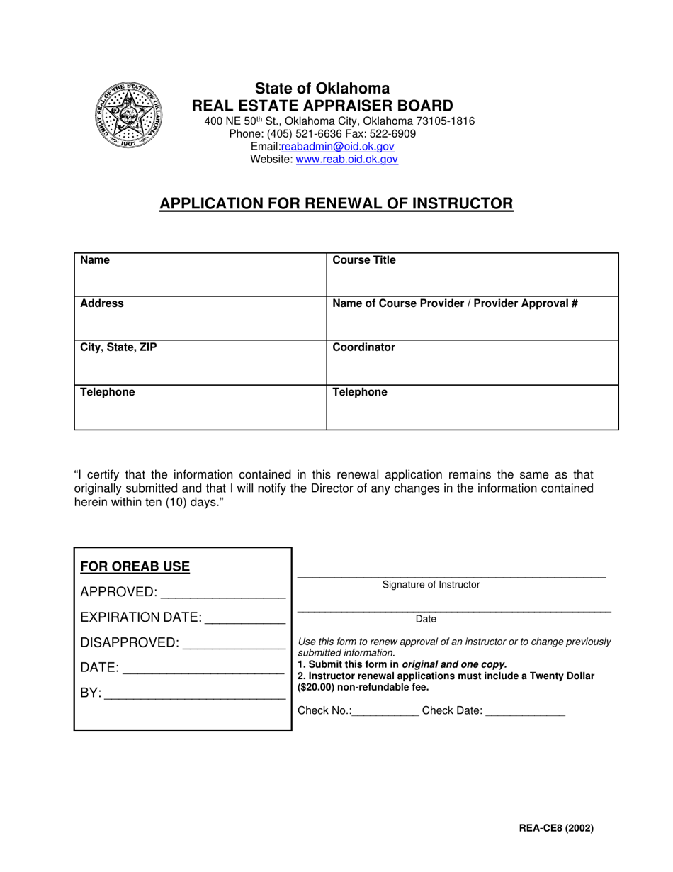 Form REA-CE8 Application for Renewal of Instructor - Oklahoma, Page 1