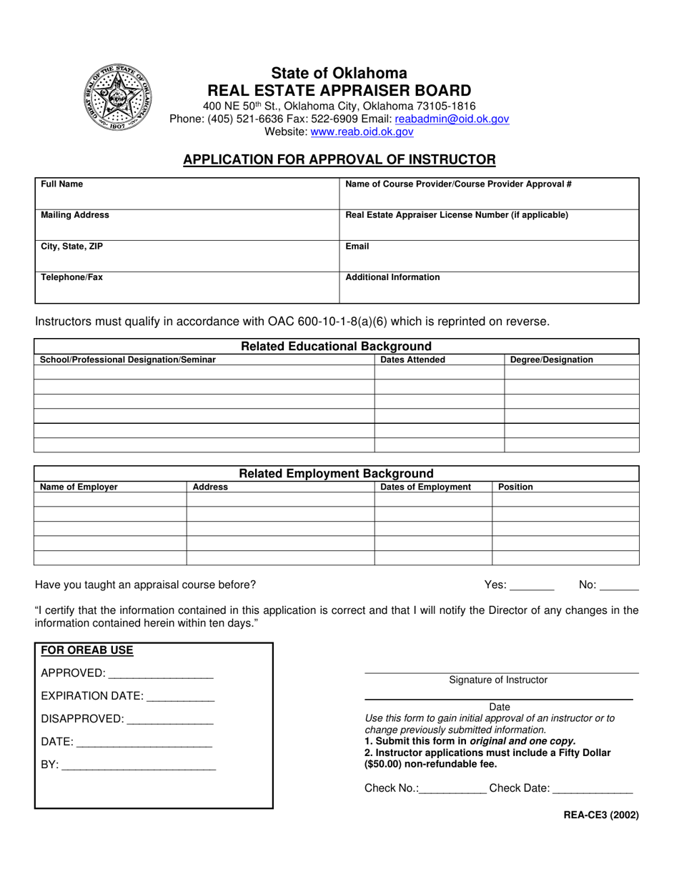 Form REA-CE3 Application for Approval of Instructor - Oklahoma, Page 1