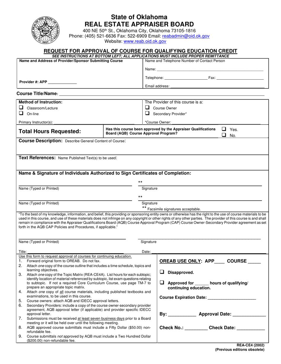 Form REA-CE4 Request for Approval of Course for Qualifying Education Credit - Oklahoma, Page 1