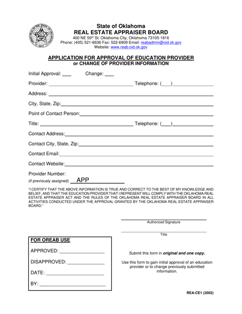 Form REA-CE1 Application for Approval of Education Provider or Change of Provider Information - Oklahoma