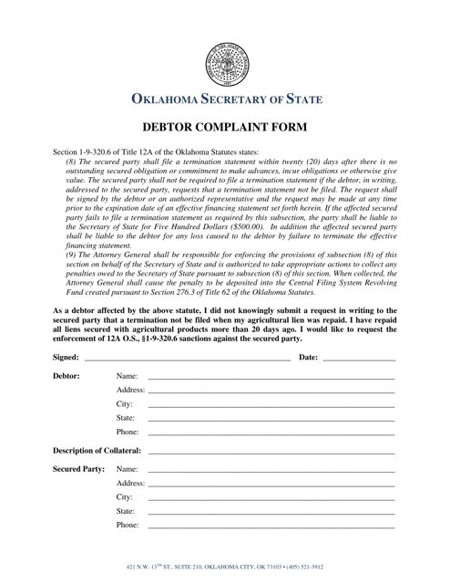 Debtor Complaint Form - Oklahoma