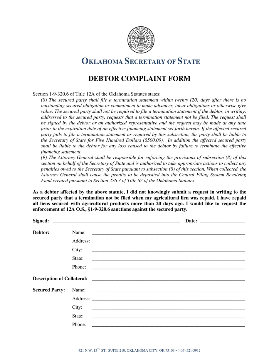 Debtor Complaint Form - Oklahoma, Page 1