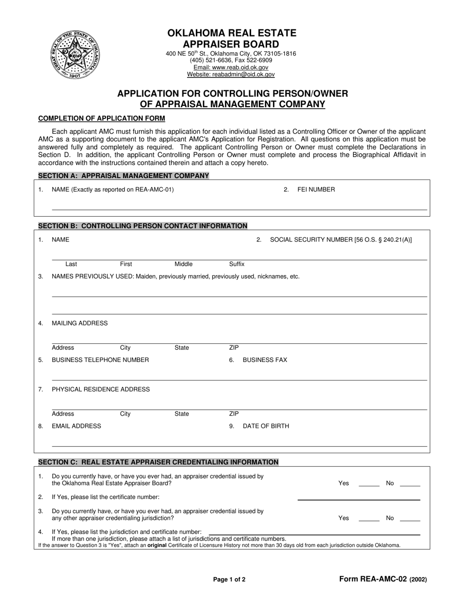 Form REA-AMC-02 Application for Controlling Person / Owner of Appraisal Management Company - Oklahoma, Page 1