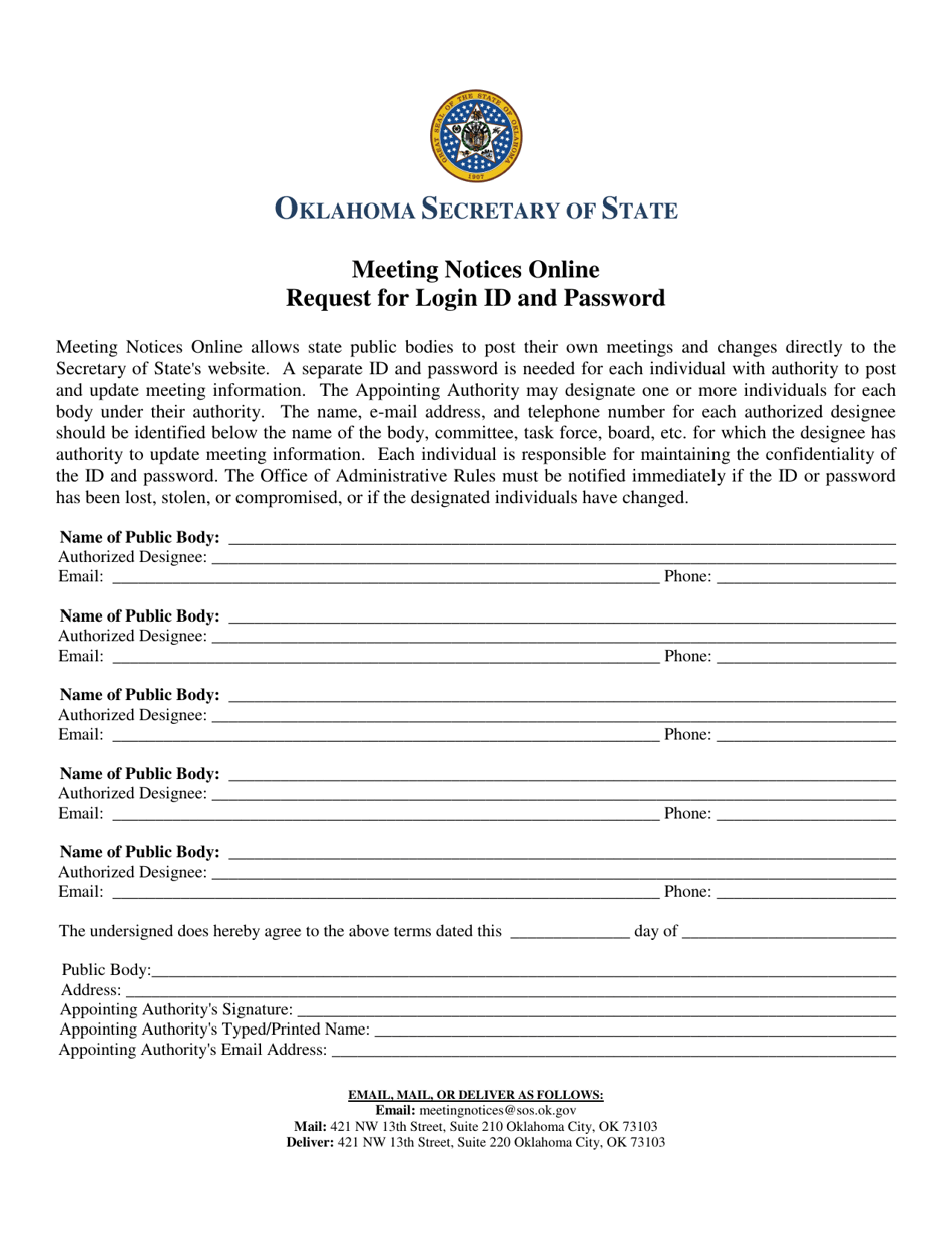 Request for Login Id and Password - Meeting Notices Online - Oklahoma, Page 1