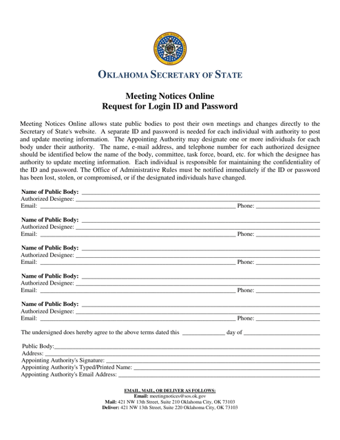 Request for Login Id and Password - Meeting Notices Online - Oklahoma Download Pdf