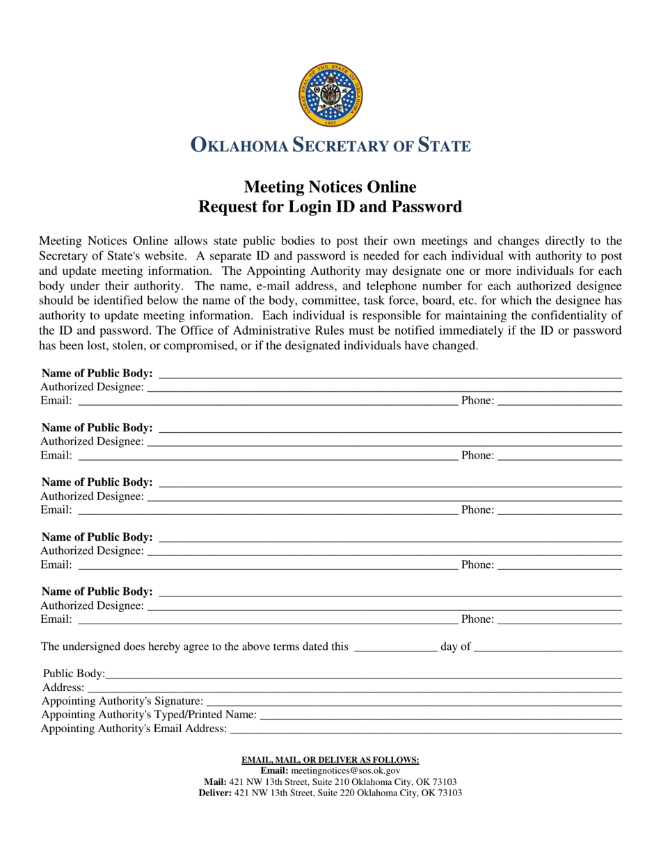 Oklahoma Request for Login Id and Password Meeting Notices Online