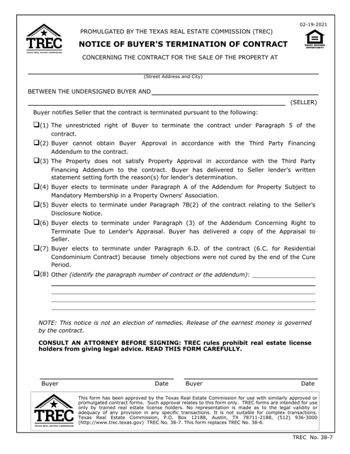 TREC Form 38-7 Notice of Buyer's Termination of Contract - Texas