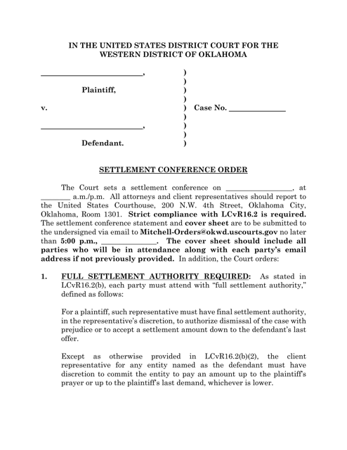 Settlement Conference Order - Oklahoma Download Pdf