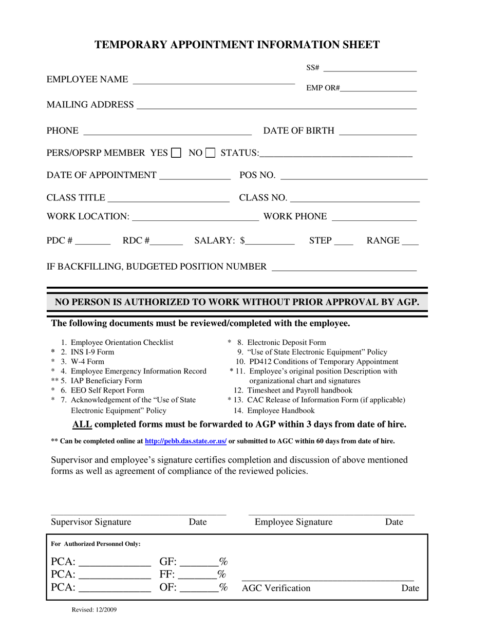 Temporary Appointment Information Sheet - Oregon, Page 1