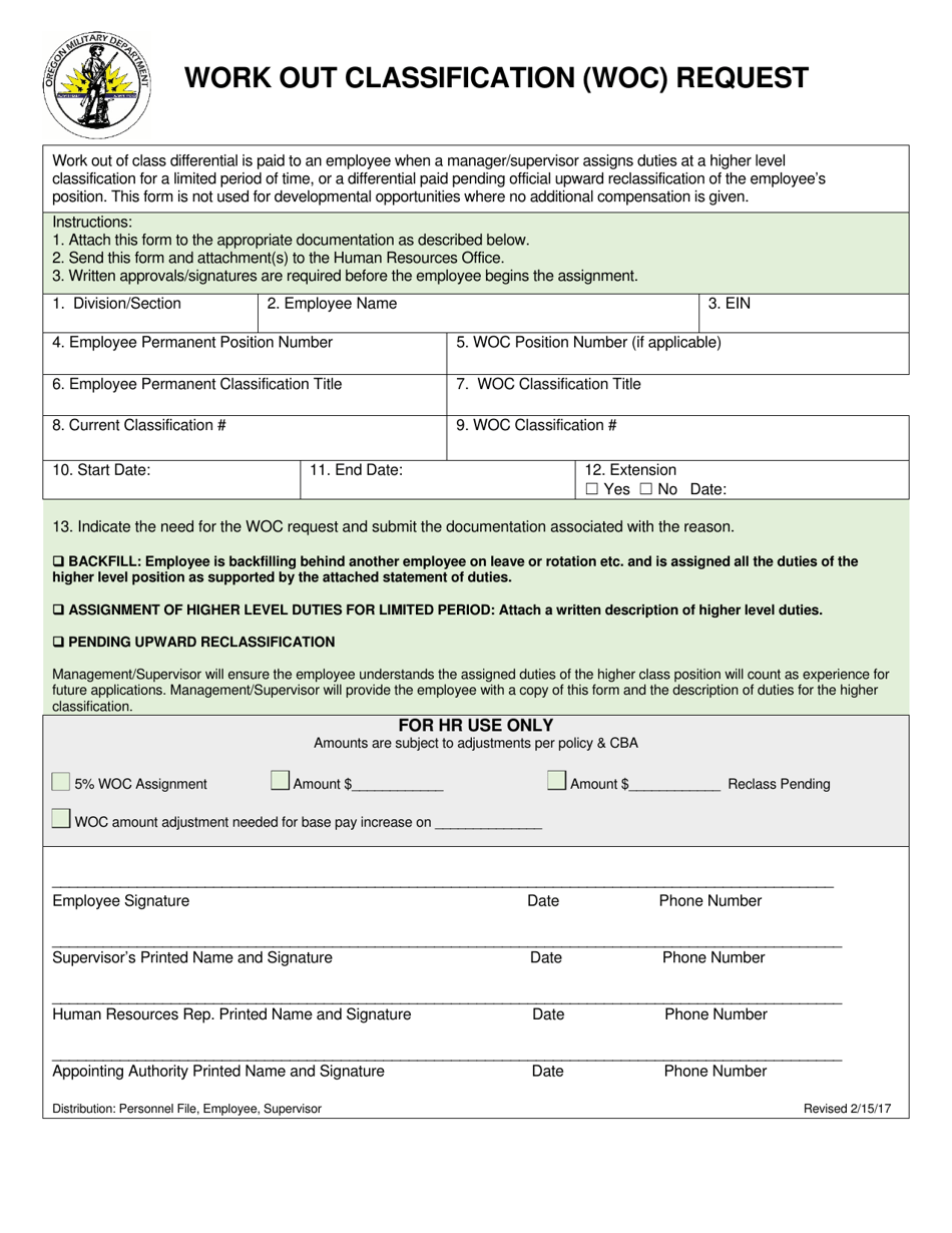 Work out Classification (Woc) Request - Oregon, Page 1