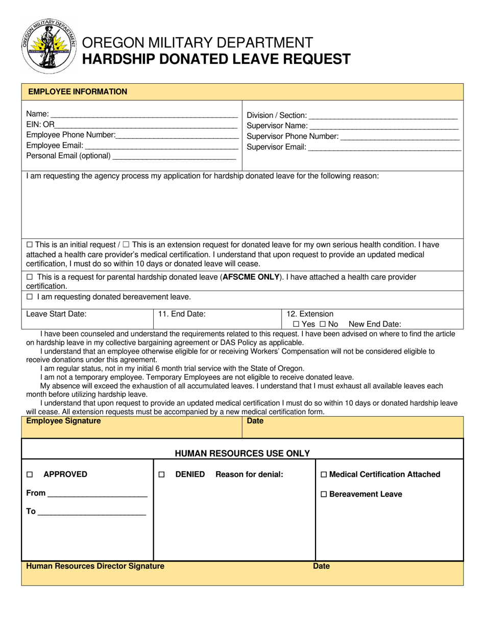 Hardship Donated Leave Request - Oregon, Page 1