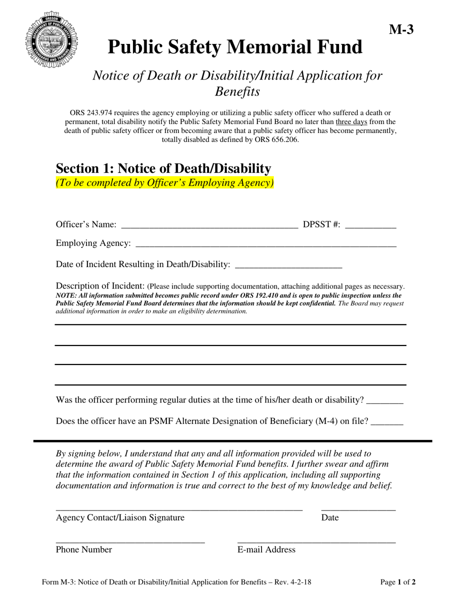 Form M-3 Notice of Death or Disability / Initial Application for Benefits - Oregon, Page 1