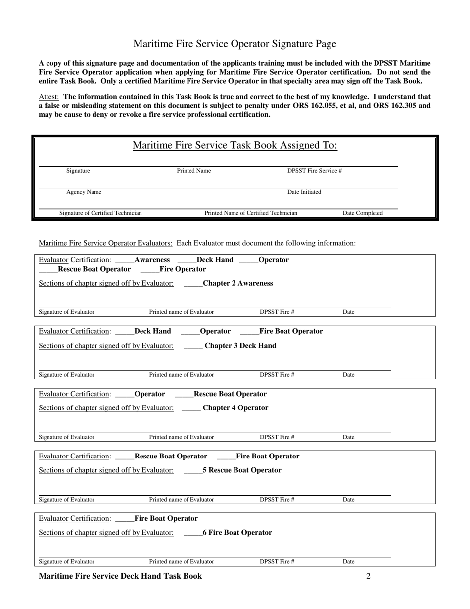 Maritime Fire Service Deck Hand Operator Task Book - Oregon, Page 2