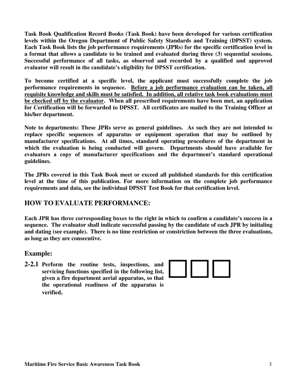 Maritime Fire Service Basic Awareness Task Book - Oregon, Page 3