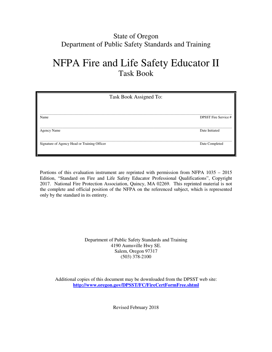 Oregon NFPA Fire and Life Safety Educator II Task Book Fill Out, Sign