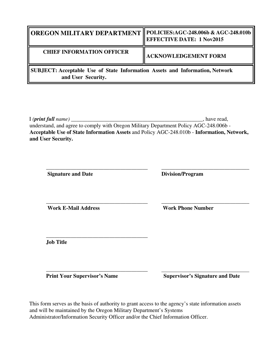 Acknowledgement Form - Oregon, Page 1