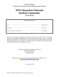 Document preview: NFPA Hazardous Materials Incident Commander Task Book - Oregon