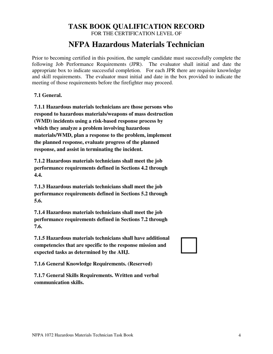 NFPA Hazardous Materials Technician Task Book - Oregon, Page 4