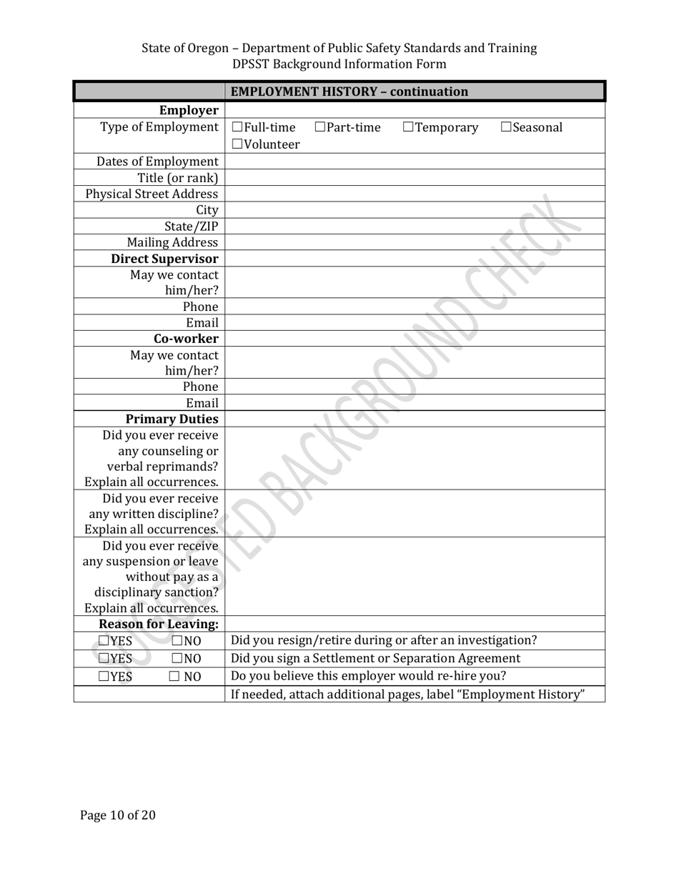 Dpsst Background Information Form - Oregon, Page 10