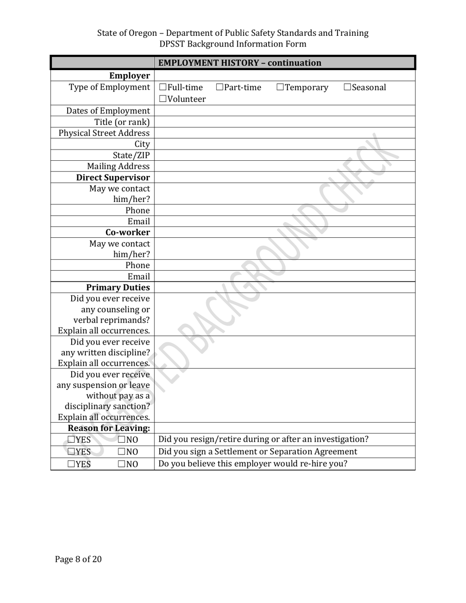 Dpsst Background Information Form - Oregon, Page 8