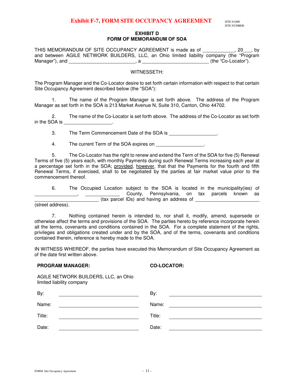 Exhibit F-7 Form Site Occupancy Agreement - Pennsylvania, Page 11