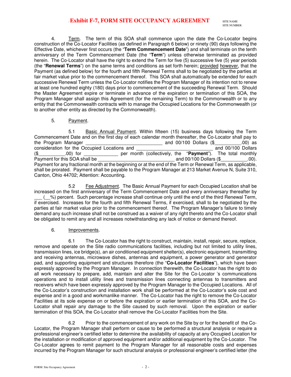Exhibit F-7 Form Site Occupancy Agreement - Pennsylvania, Page 2